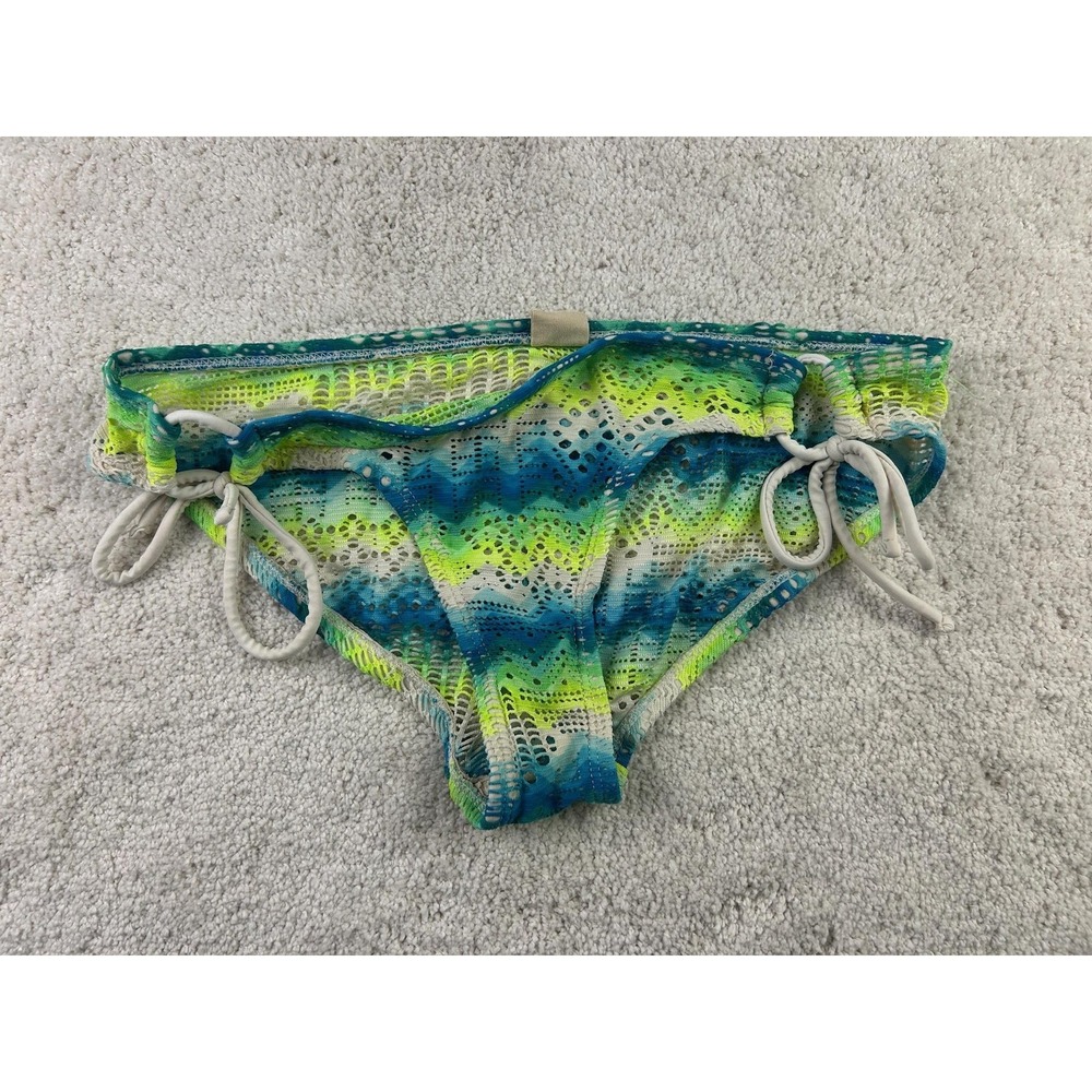 OP Bikini Bottom Womens Medium Blue Green Yellow Crochet Lined Swimsuit Tie Side